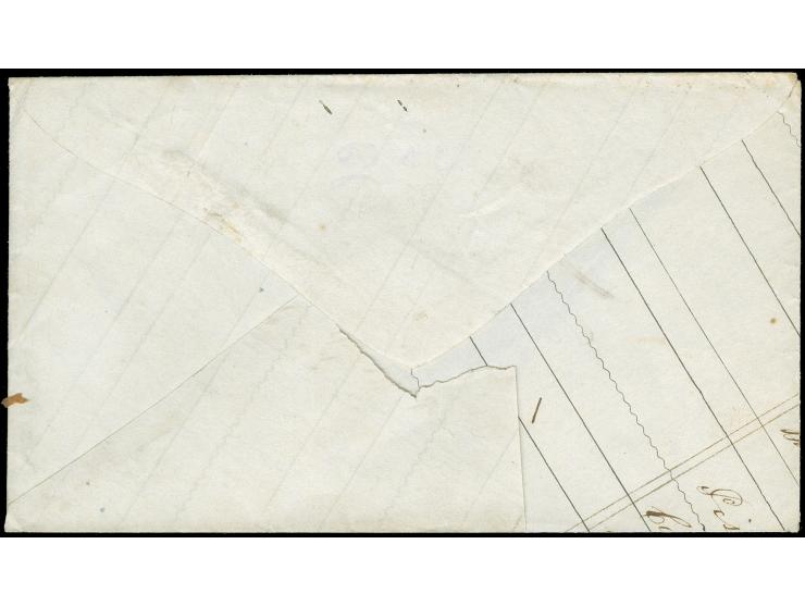 1863/64, 10 c. blue, good margins all around, tied by cork grid to cover made from listing sheet with ms. ‘Clocks, Bows, Pist