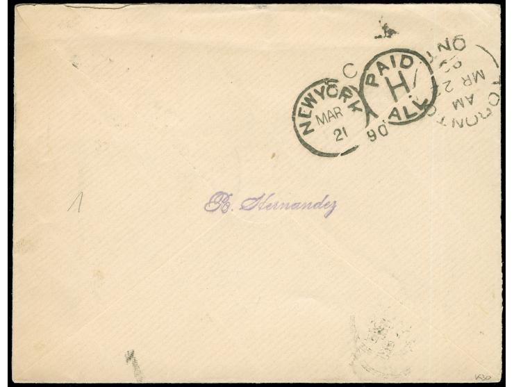 1876/93, 5c green &amp; grey, horizontal pair, tied to cover from St. Thomas , endorsed “pr. Allianca, via New York”, to Toro
