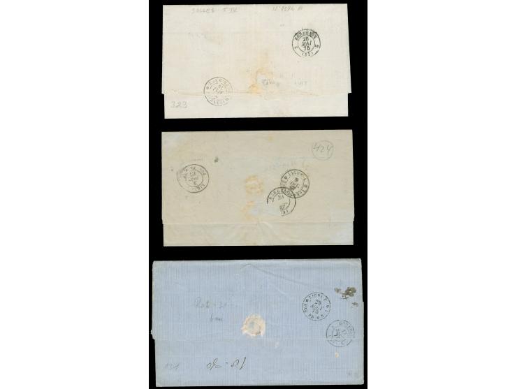 1867/75, 3 entire letters from La Guayra to France, one part paid by 1873/76, 1 r., the other two unpaid with different taxes