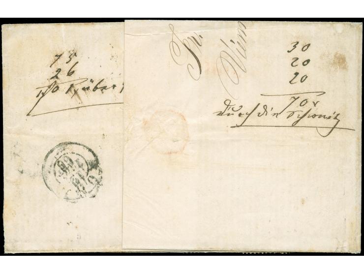 1866, Briefhülle von Wien nach Rom. Kriegsbedingt war eine Beförderung über Österreich nicht möglich; rückseitig errechnete d