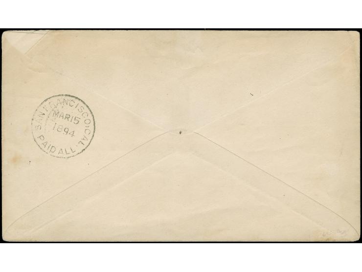 1893, Surcharge 5 d. on 4 d. blue, tied by black "APIA FEB. 28" to cover to San Francisco with arrival mark, cover edges slig