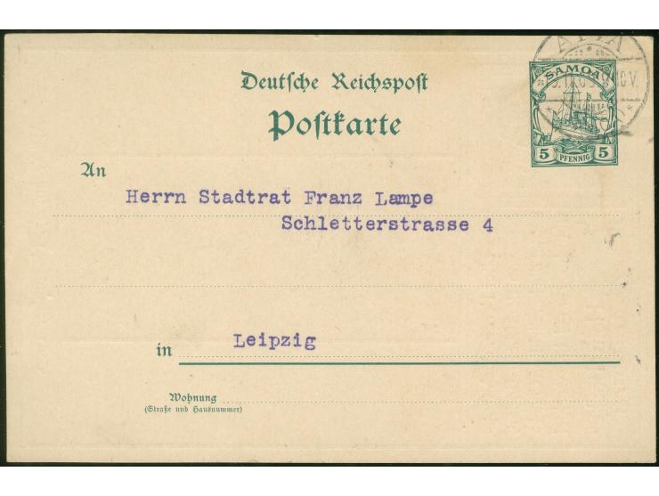 Karte 5 Pfg. mit Zudruck “APIA, am 27. November 1909. …die herzlichsten Glückwünsche zum Jahreswechsel, Hans Becker” &nbsp;mi