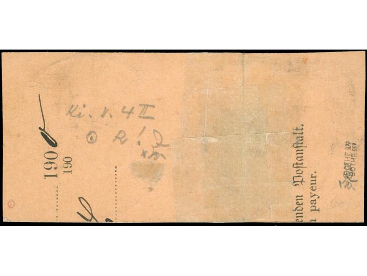 Steilaufdruck 20 Pfg., ehemaliges Paar mit 2 sauberen Abschlägen des großen Stempels "KIAUTSCHOU 9/12 00" mit Aushilfsjahresz