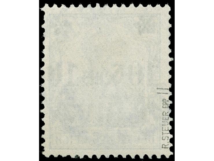 1905, 10 C. auf 20 Pfg. mit Aufdruckfehler ‘linke Rosette beschädigt’, sauber gestempelt. Ein kurzer Zahn. Signiert R. Steuer