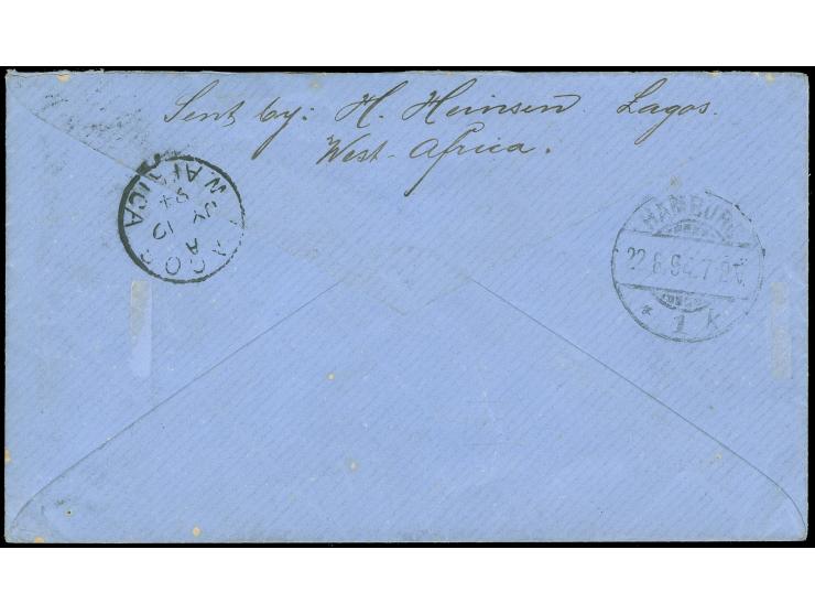 1887/1902, 2½ p. ultramarine, tied to cover from "LAGOS&nbsp;JY 19 94" to Germany, showing on front red "PAID&nbsp;LIVERPOOL&
