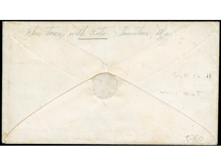 1851/56, 3 c. dull red good margins to just in at left, tied by well-struck "Taunton Ms. 3cts. Apr./18" integral-rate circula