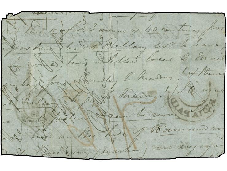 1859, 4 a. black on bluish, 4 stamps tied to cover front by points in diamonds and ms. pen cancel, usual perforation, route m