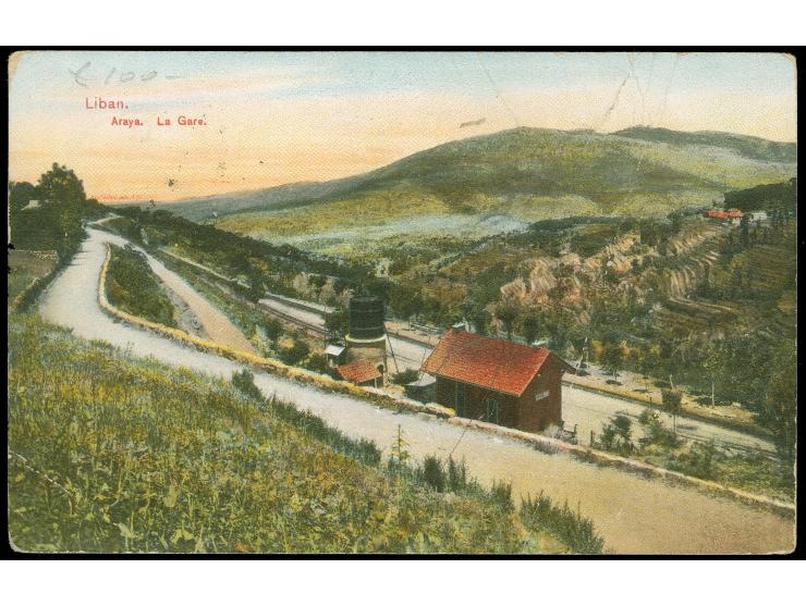 1906, "BEIT-MERY (BEYROUTH) 27/7/912" (Isfila no.2) cancellation on railway station postcard La Gare Araya bearing 20 para re
