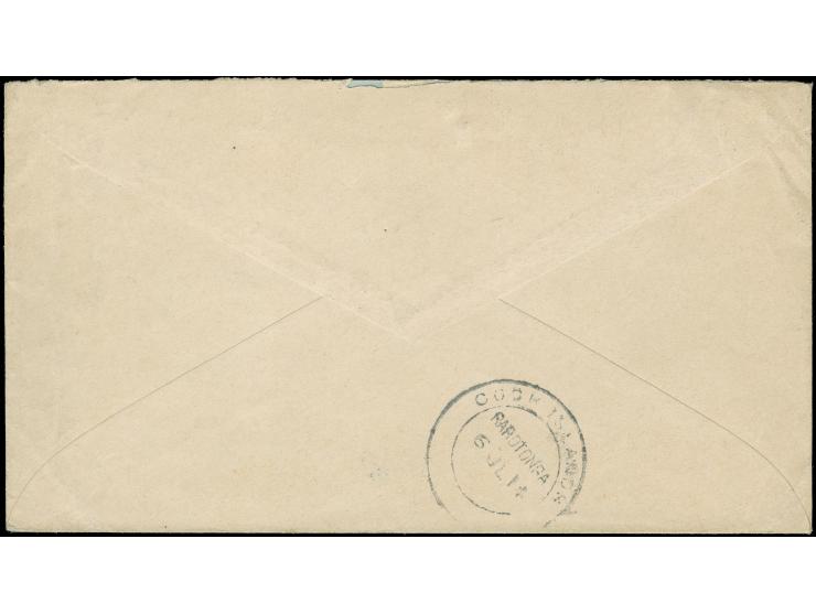 1902, Queen Matea Takau pair 1 d. red-brown and ½ d. green tied to 1914 cover by "Mauke/N-Z 2/ JE 14" cds., on reverse transi