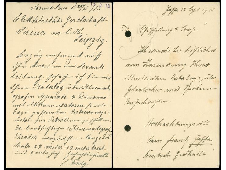 1910/13, BIER: ‘DEUTSCHE BIERHALLE JAFFA’ &amp; ‘DEUTSCHE BIERHALLE S. FAIG JERUSALEM’ violette Ovalstempel auf zwei 10 Centi