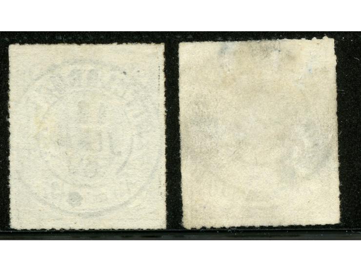 1865/72, Coat of Arms 30 c. dull lilac and 37½  c. yellowish-brown, rouletted in colour, clear blue and black strikes of Ette