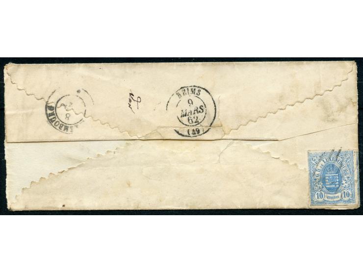 1862, Coat of Arms strip of four 10 c. blue tied to envelope by barred mark, PD and ECHTERNACH 7/III/1862 cds. alongside, sec