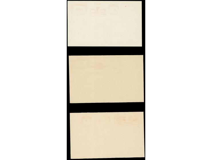 1937/39, Neopost meter mark proof strikes, 7 different of Kaunas, Klaipeda and Siauliai on cover size paper sheets, two with 
