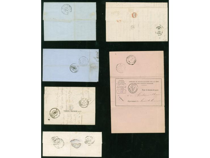 1855/83, 5 envelopes bearing Ceres and Napoleon issues and two ‘renseignements fournis au bureau’, mainly fine.
