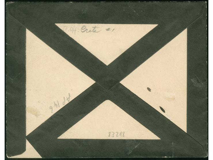 1900, 1 piastra on 25 c. blue tied to mourning cover with "LA CANEA Uf. Postale Italiano 16.8.00" cds. and "17.8.00" alongsid