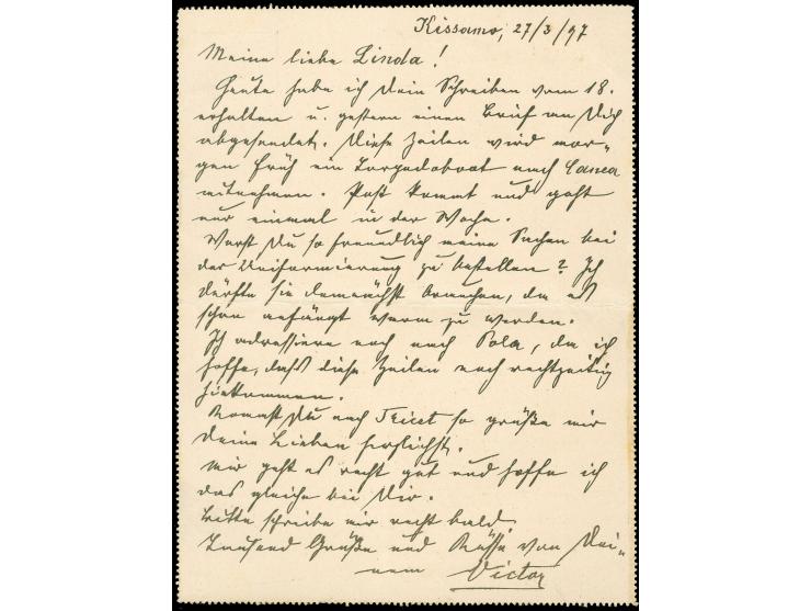 1897, Canea Soldier's mail: 1 pia. lettercard 1897, with dateline "Kissamo 27.3.97" written in German, canceled with "HANIA 2