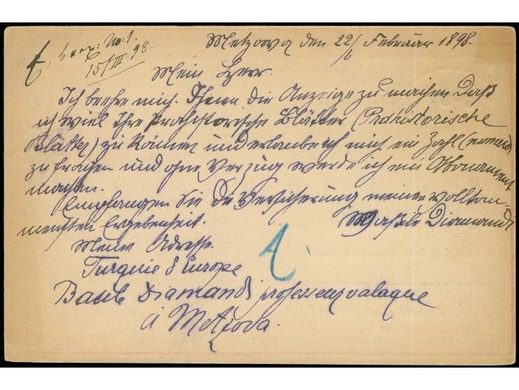 1898, "MECHOVA Mars.6.98" (Metsovo) canceling a 20 pa. postal stationery card 1892, sent to "München 15.Mars.98" with arrival