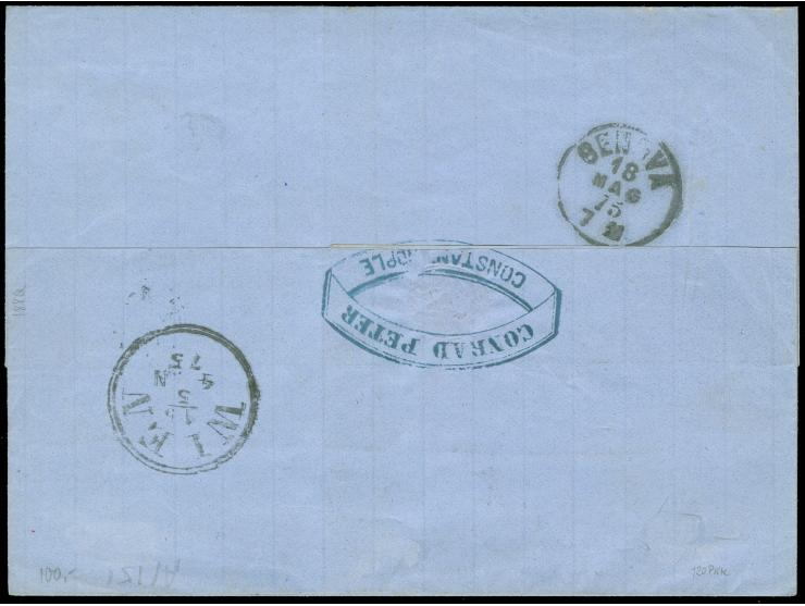 1875, "LETTERE ARIVATE PER MARE VARNA 12/5 75", Ra3 auf 30 So. grün und Paar 10 So. blau auf Briefhülle aus Konstantinopel na