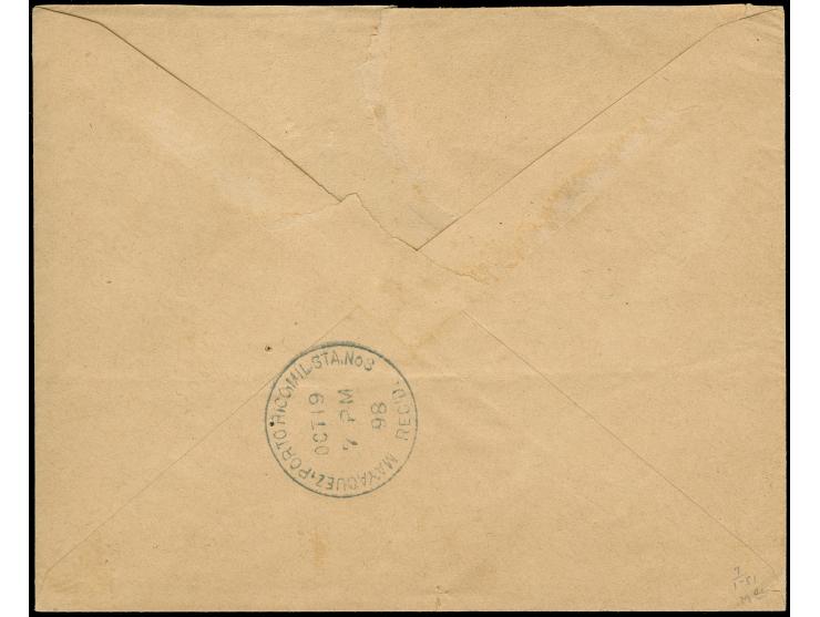 1898, 1 c. yellow-brown pair and single tied to envelope by MAYAGUEZ PORTO RICO / MIL. STA. No 3 Nov 10 1898 duplex ties US 2