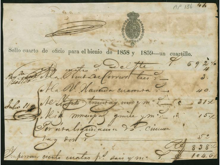 1857/58, ½ r. blue vertical strip of five and single, plus Pro Juducual revenue stamps tied by ink stroke on administrative d