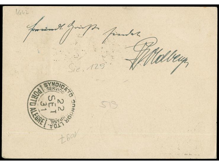 1931, 2. Südamerikafahrt, Karte ab Danzig 16.9. mit u.a. 2½ G in bunter Flugpost-MiF nach Porto Alegre, via Berlin mit Anschl