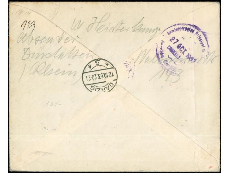 1933, Chicagofahrt, Etappe bis Rio, etwas umgefalteter R-Brief ab Zoppot 12.10. mit "10 Jahre Danzig" in bunter MiF nach Coch