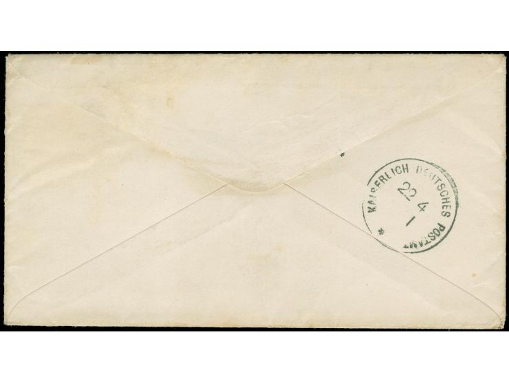 1880, "KAISERLICH DEUTSCHES POSTAMT NO 1 22/4" (1880), rückseitig als Ankunftsstempel auf aus den USA kommendem Brief mit 5 C