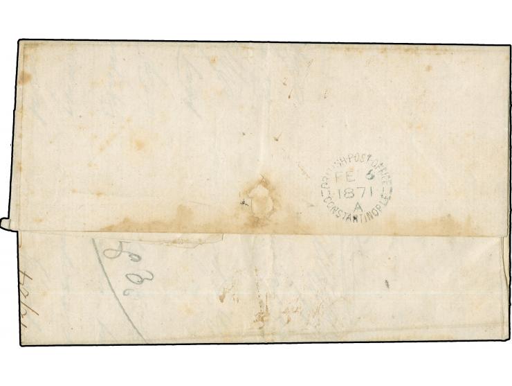 1871, GIRESUN : Folded envelope from Kerassunde to Constantinopoli shipped unstamped with ms. “4” and on reverse british post
