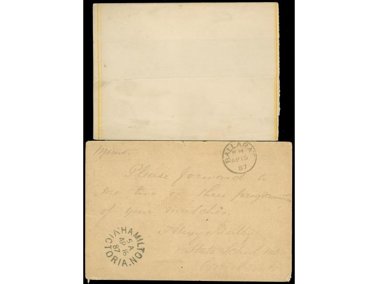 1887, postal stationery card 1 d. violet-brown clear cancelled blue 100 CARISBROOK AP/15 87 VICTORIA in blue via Ballart AP/1