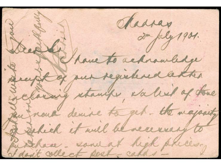 1901, postal stationey card 20 pa. rose answering part used from Madras 20/july 1901 with SEA POST OFFICE A JU/23 01 cds. and