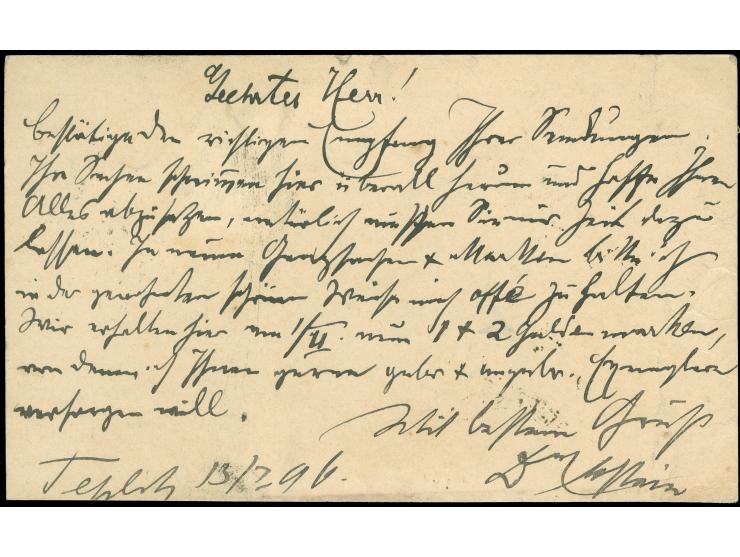 1896, Ganzsachenkarte 2 Kr braun mit Zusatzfrankatur 3 Kr grünlichblau (Riß oben links), von TEPLITZ 13/1/96 über NEW YORK 23