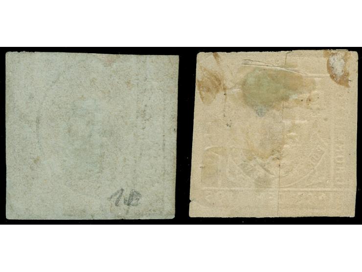 1862/71, 5 c. scarlet and 1 d. red, two stamps showing variety ‘glued paper’, clear cancelled, each tiny thins, otherwise fin
