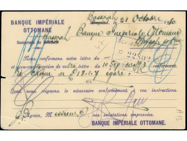 1914, India KEVII ½ a. green pair tied to ottoman bank postcard by ´´BUSRAH 22 OC 10´´ (large squared cds. SG Type Z 9) to Tr