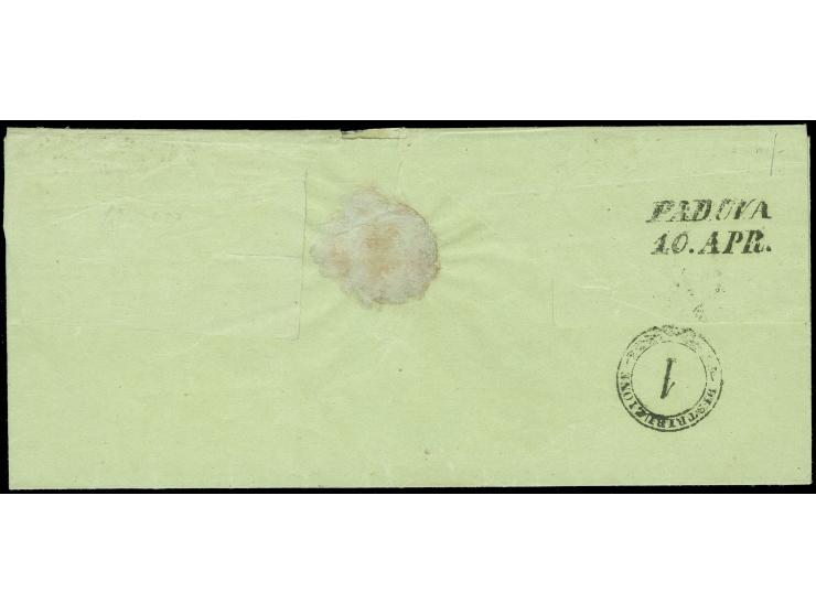 "MONSELICE 9 APR.", L2 sauber auf geripptem Papier 15 Centesimi, allseits breitrandig, auf grüner Briefhülle nach Padua. Sehr