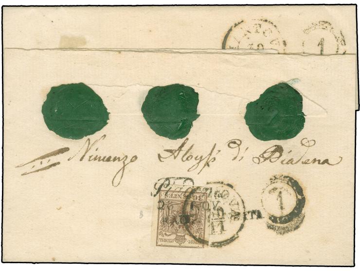 "Piadena 28 NOV.", L2 auf 2 Einzelwerten Handpapier 30 Centesimi (beide einseitig leicht berührt) mit zusätzlichem "RACCOMAND