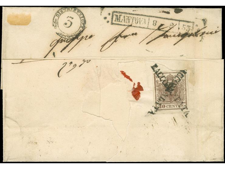 "SABBIONETTA 8 FEB.", L2 sauber auf Handpapier 30 Centesimi auf eingeschriebener Briefhülle nach Mantua, rückseitig frankiert