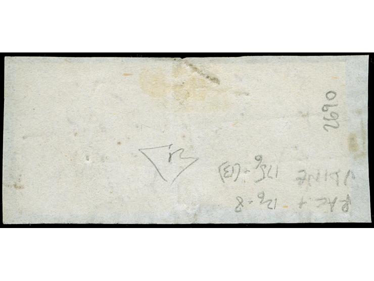 "UDINE ..." (1850), L2 in rot, zusammen mit schwarzem Ra. "RACCOMANDATA" auf 2 Stück 15 Centesimi (ein Wert unten links etwas