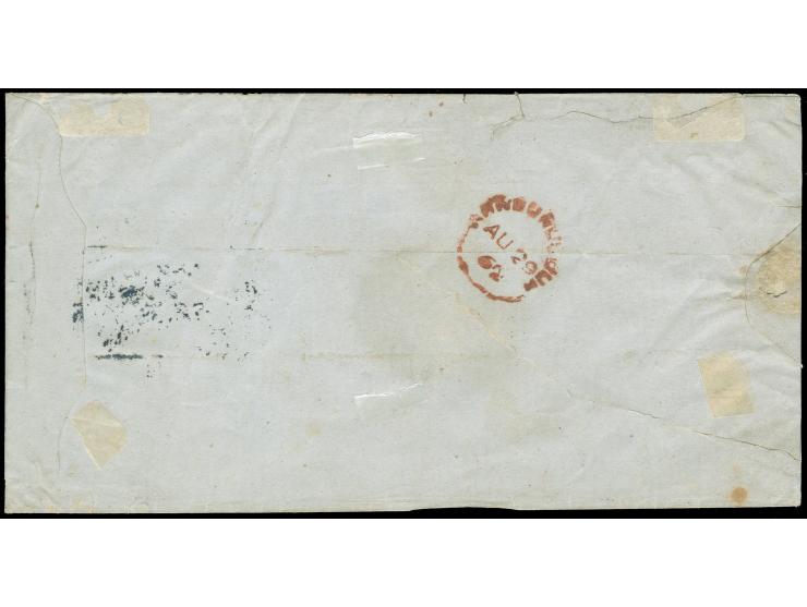 1862, QV 1 a. brown two single (right stamp corner flaw) tied by Bombay Paid-1 AU/28 duplex to envelope, addressed to Ahmedna