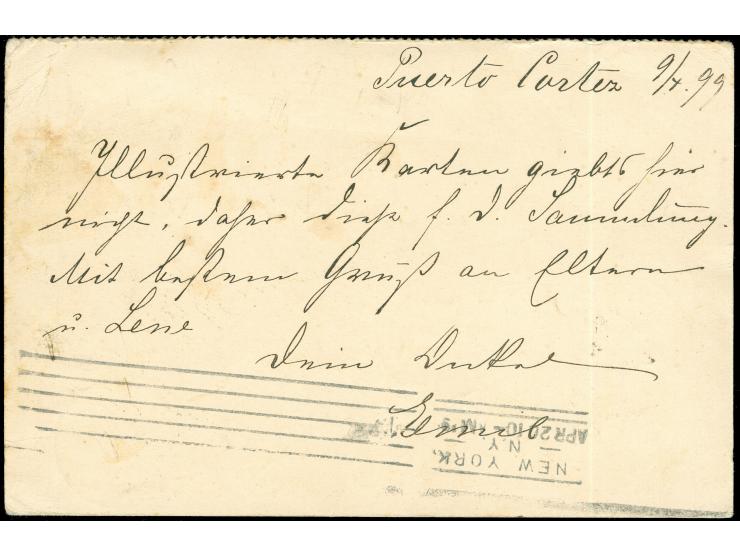 1899, Railway issue postal stationery card reply part 2 c. orange on buff written in Puerto Cortez with violet ABR/12 1899 cd