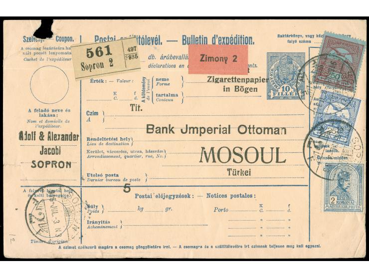 1913, "MOUSSOUL 1" (Coles-Walker no.70, 20 pts.) on reverse of parcel card from Hungary cancelled "SOPRON 916 JUL 3", via Zim