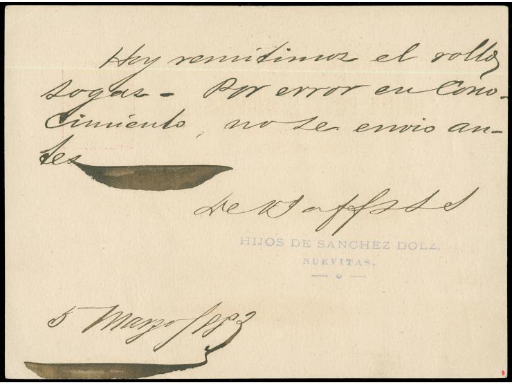 1883, postal stationery card 3 c. salmon written in Nuevitas, tied by violet "ADMON PRAPL DE CORREOS PUERTO PRINCIPE MAR/5 18