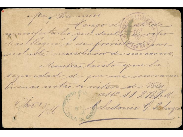 1886, Alfonso XII, 2 c. green on buff postal stationery card, type 1, tied by blue "...DE ZAZA CUBA" cds. to Ciego de Avida w