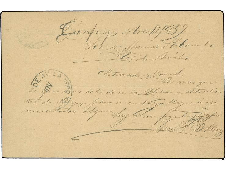 1889, Alfonso XII 2 c. green on buff postal stationery card, Type 1, written in Cienfuegos, tied by "Ciego de Avida Isla de C