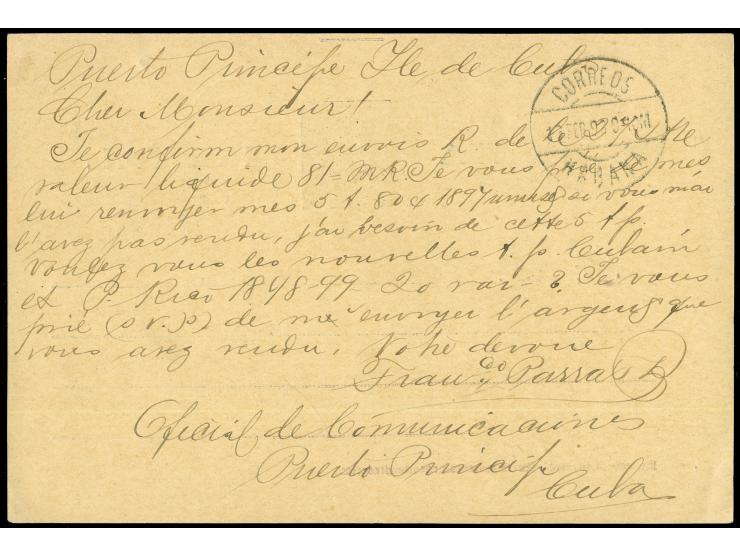 1898, Alfonse XIII, 2 c. violet postal stationery card tied by blue "CORREOS DE PUERTO PRINCIPE YSLA DE CUBA 7/FEB 1898" cds.