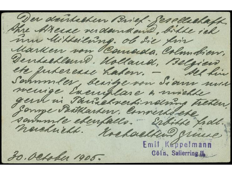 1905, Ganzsachenkarte 2 Pf grau mit Zusatzfrankatur 3 Pf braun und 5 Pf grün von CÖLN 30.10.05 nach Bangkok 2b mit Ankunftsst