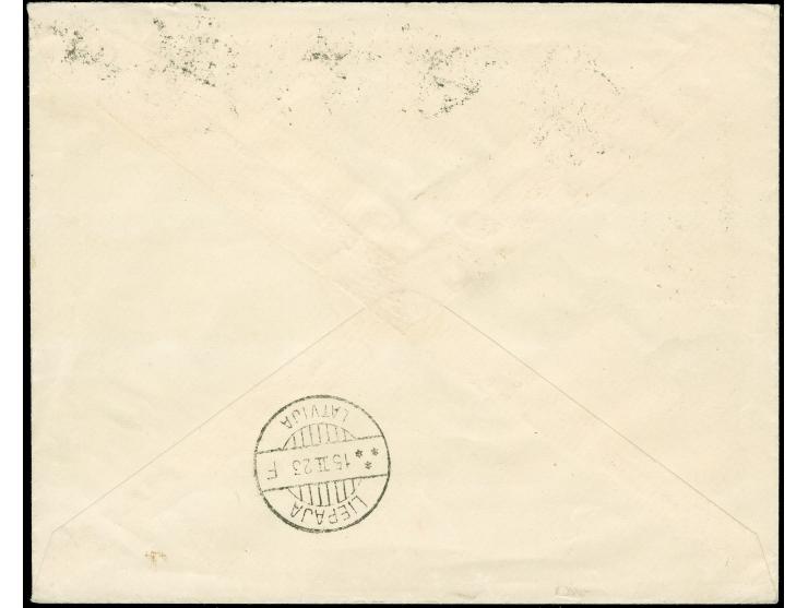 1923, Kompletter Satz mit fünf Werten bis 400 M auf 1 L auf Einschreiben MEMEL **C 12/2/23 nach Libau mit rs. Ankunftsstempel
