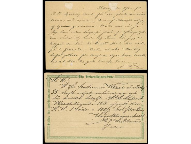 1872/74, 8 Pen. yellow-green, two postal stationery cards, first Type I: ‘... adressen ... förpligtad’, both used with clear 