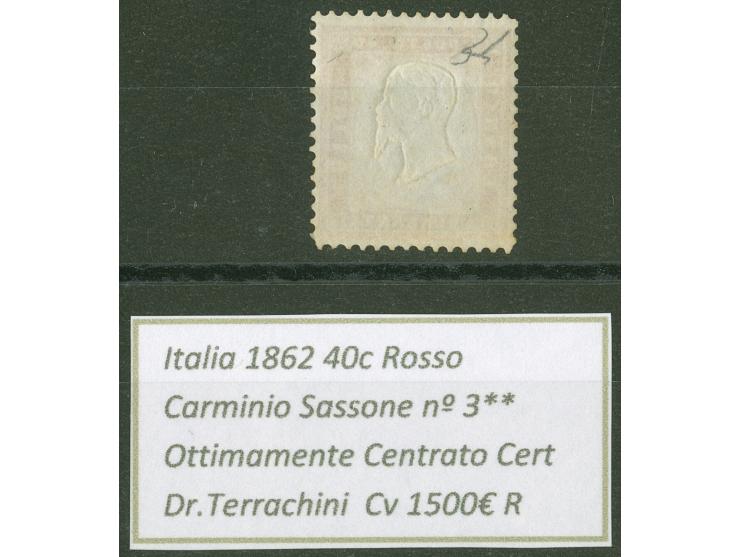 1862, 40 c. rose-carmine, unused, good perforation, fine and fresh, signed und certificate Terrachini (2009) (Sass. 1.700€) (