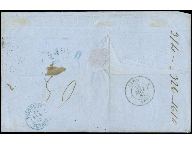 1867, Isabella two 12 c. orange tied to folded envelope by railway postmark ‘VALENCIA A BARCELONA’ to Lyon with transit and a