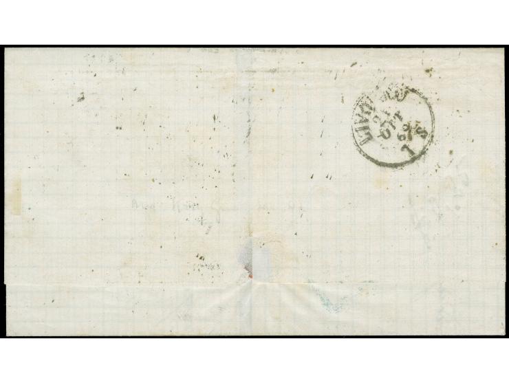 1869, Isabella 200 m. green tied by scarce numeral "46" to folded envelope from Tarragona to Livorno Italy with arrival mark 